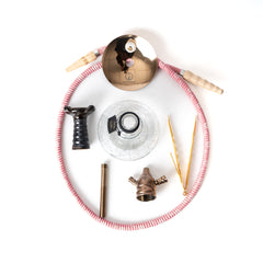Collection of hookah parts including hose, bowl, and accessories on a white background