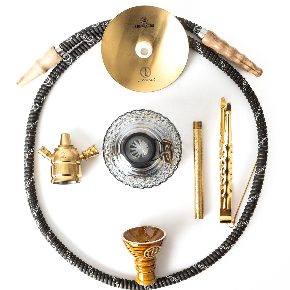 Hookah parts including hose, bowl, and other components on a white background