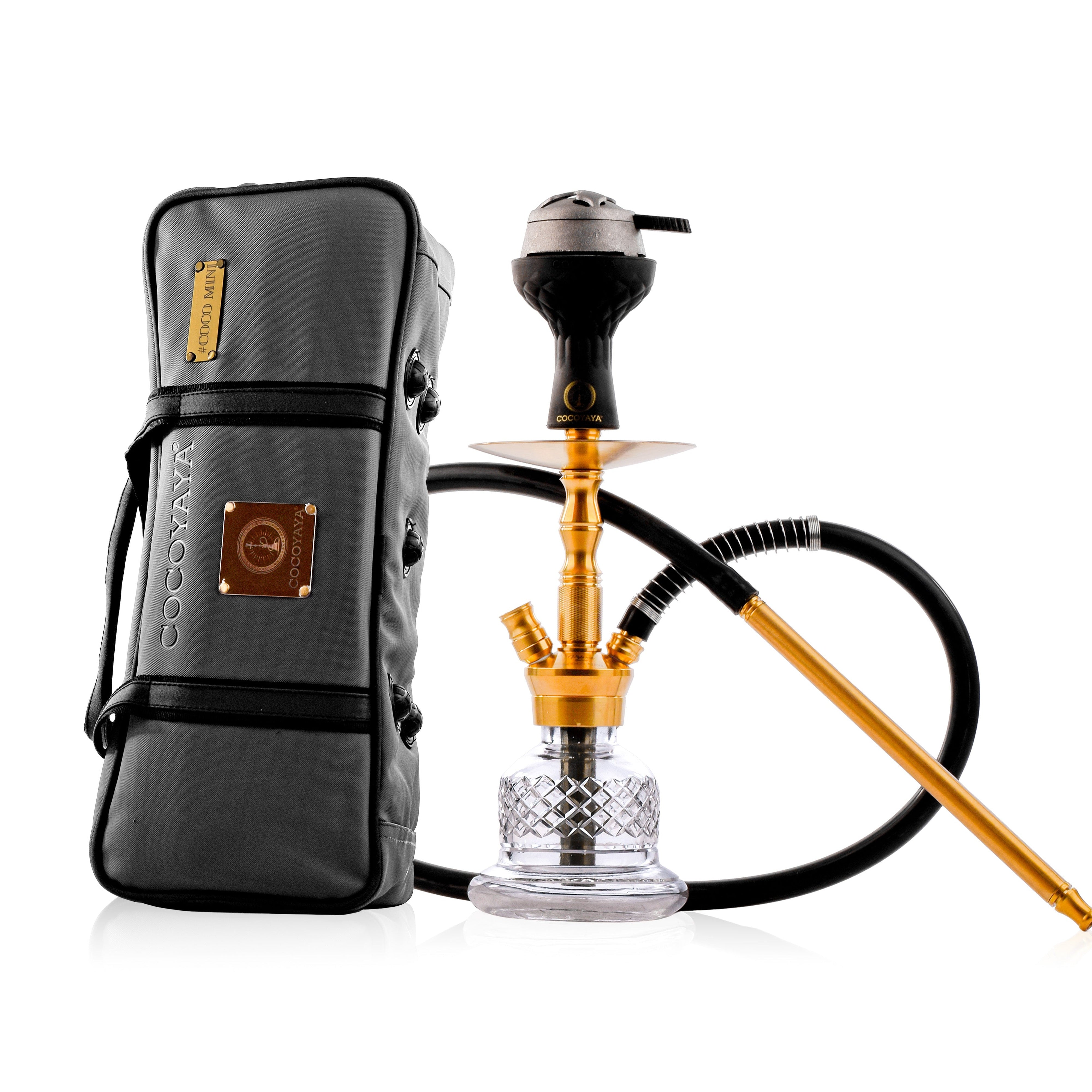 COCOYAYA Coco Mini Hookah with Light Grey Bag - Gold Stem & Transparent Base
