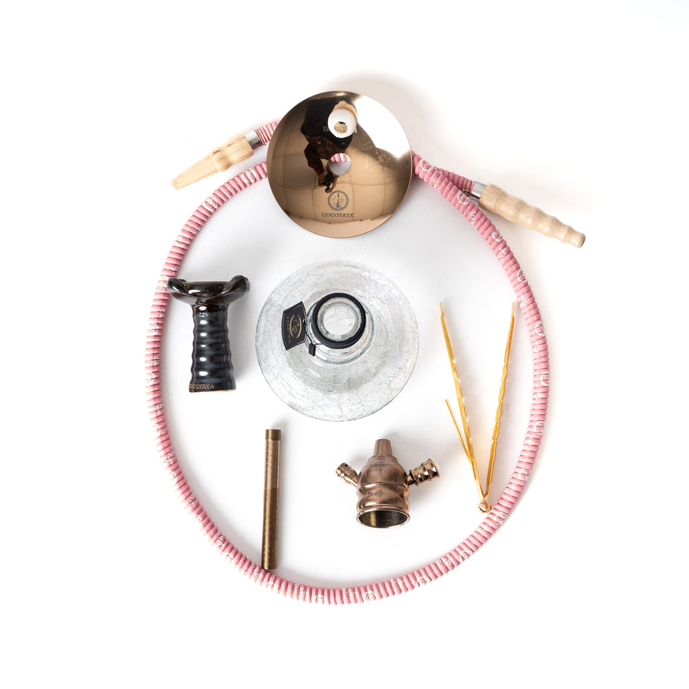 Collection of hookah parts including hose, bowl, and accessories on a white background