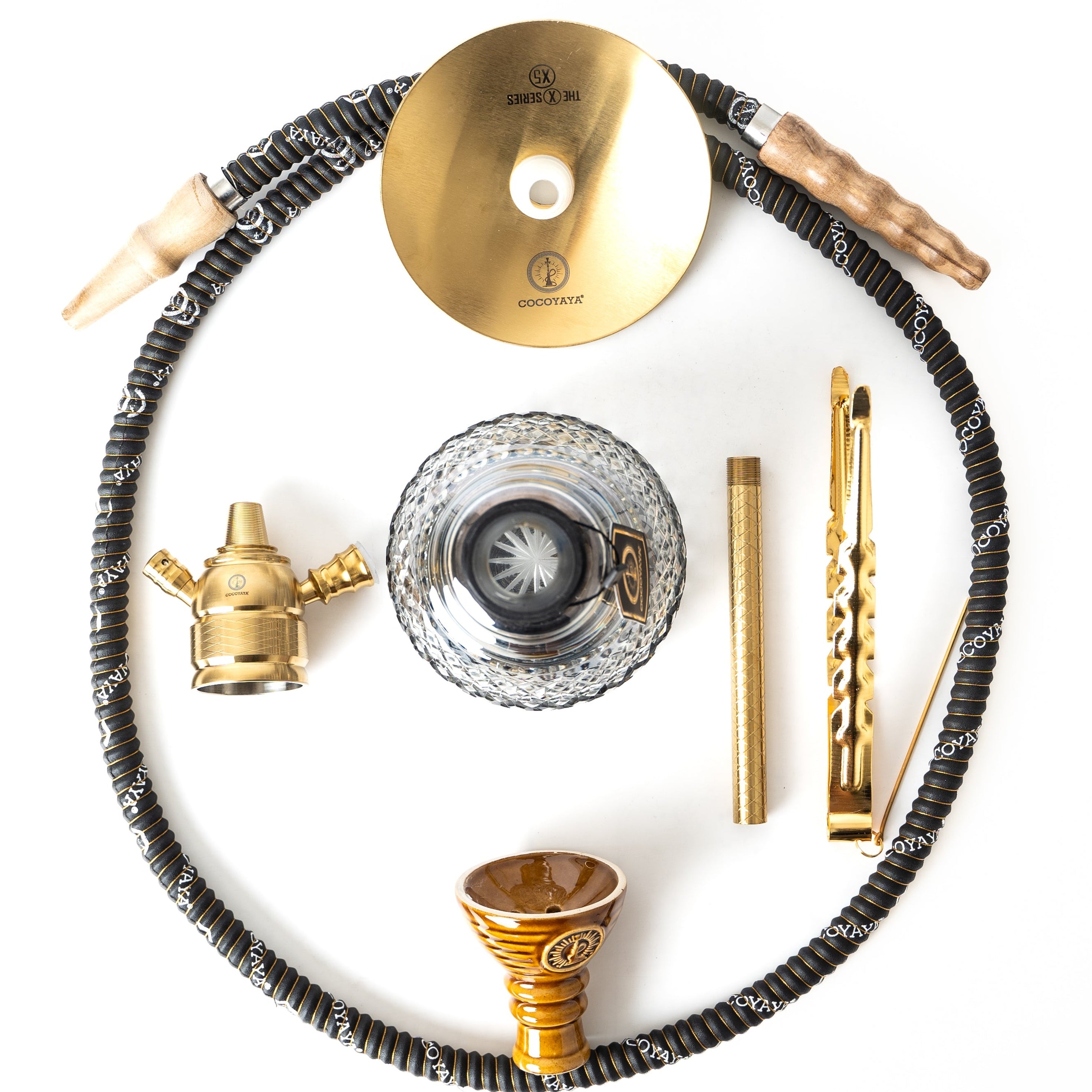 Hookah parts including hose, bowl, and other components on a white background