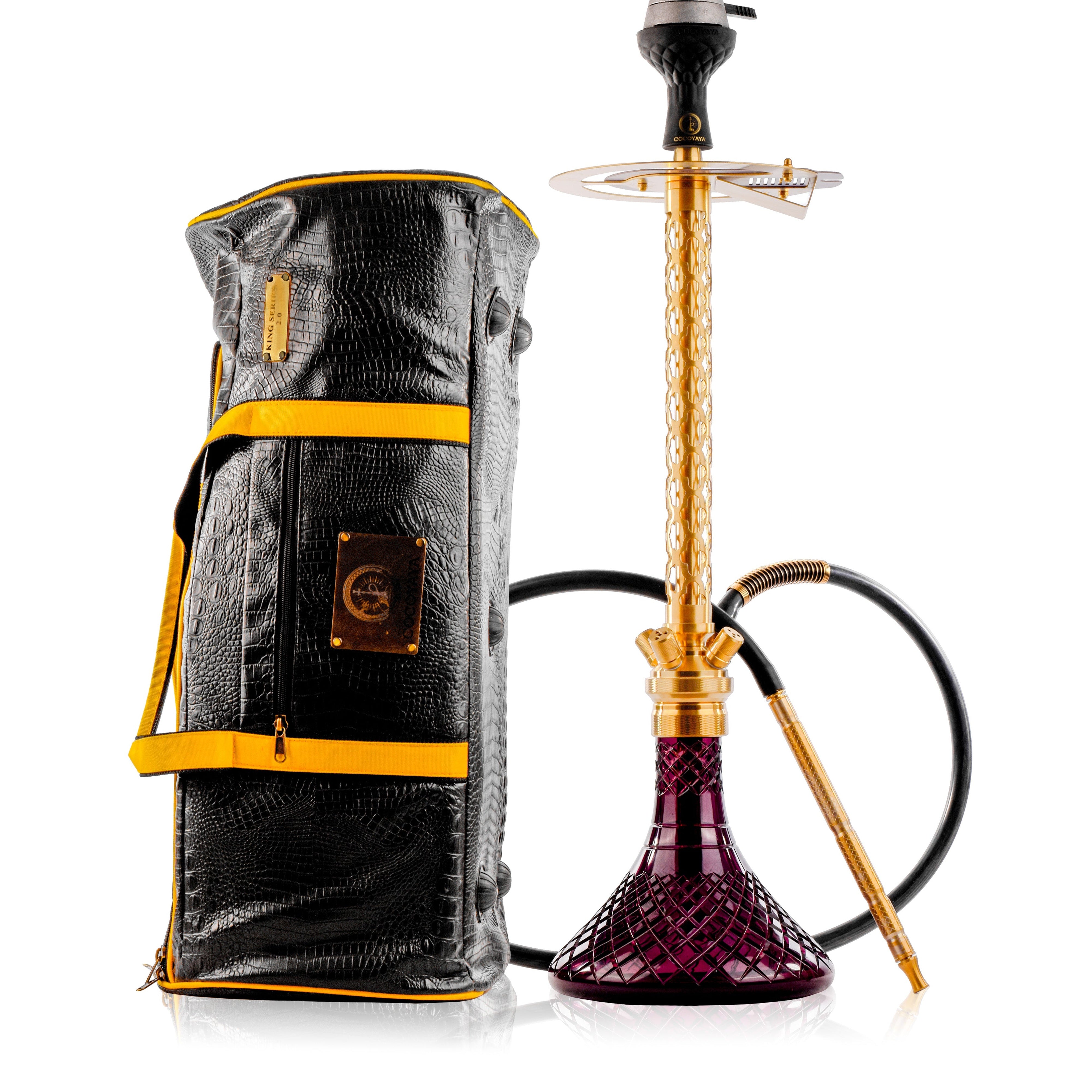 COCOYAYA King Series 2.0 Pluto Hookah with Black Bag - Gold Stem & Purple Base