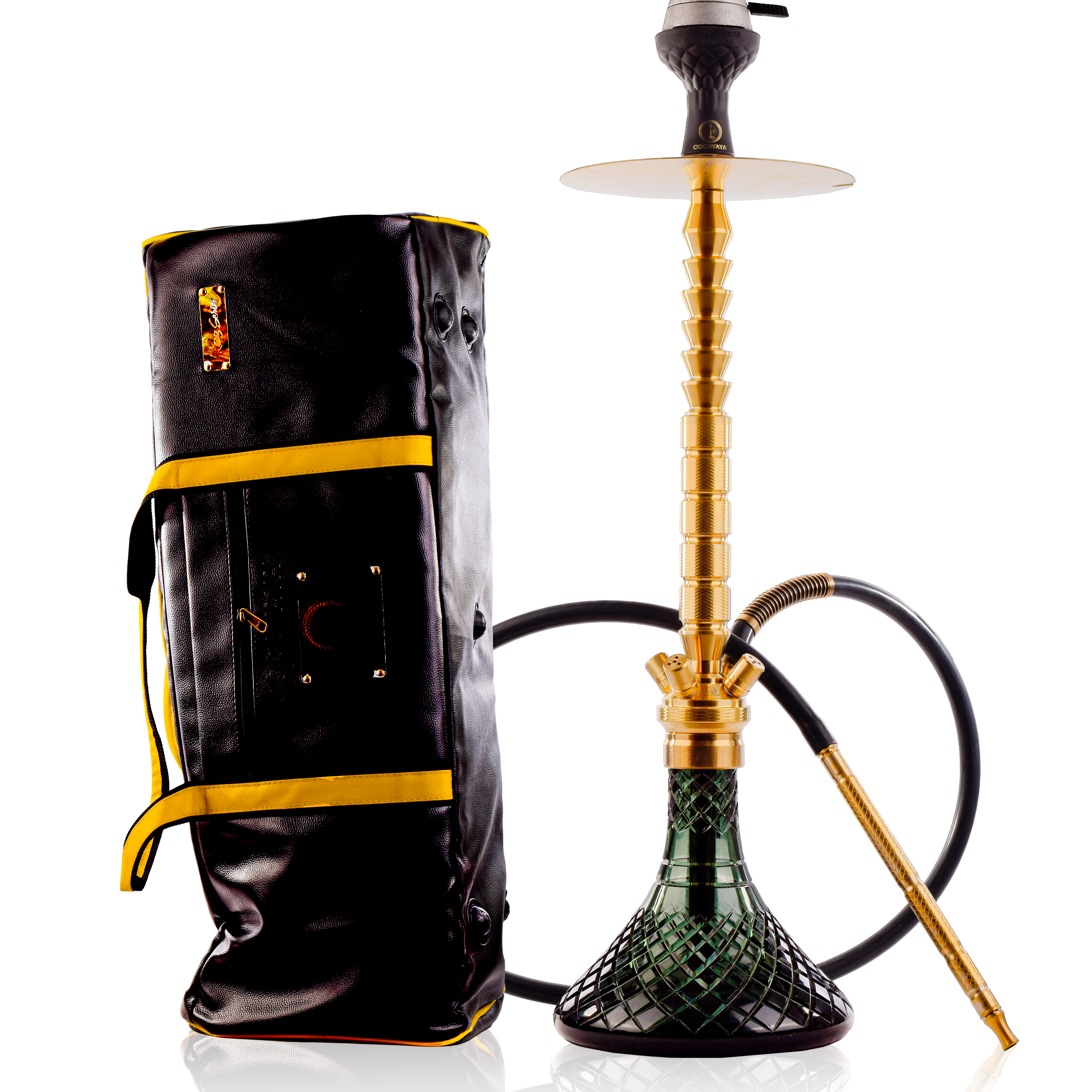 COCOYAYA King Series Heygan Hookah with Black Bag - Gold Stem & Emerald Green Base