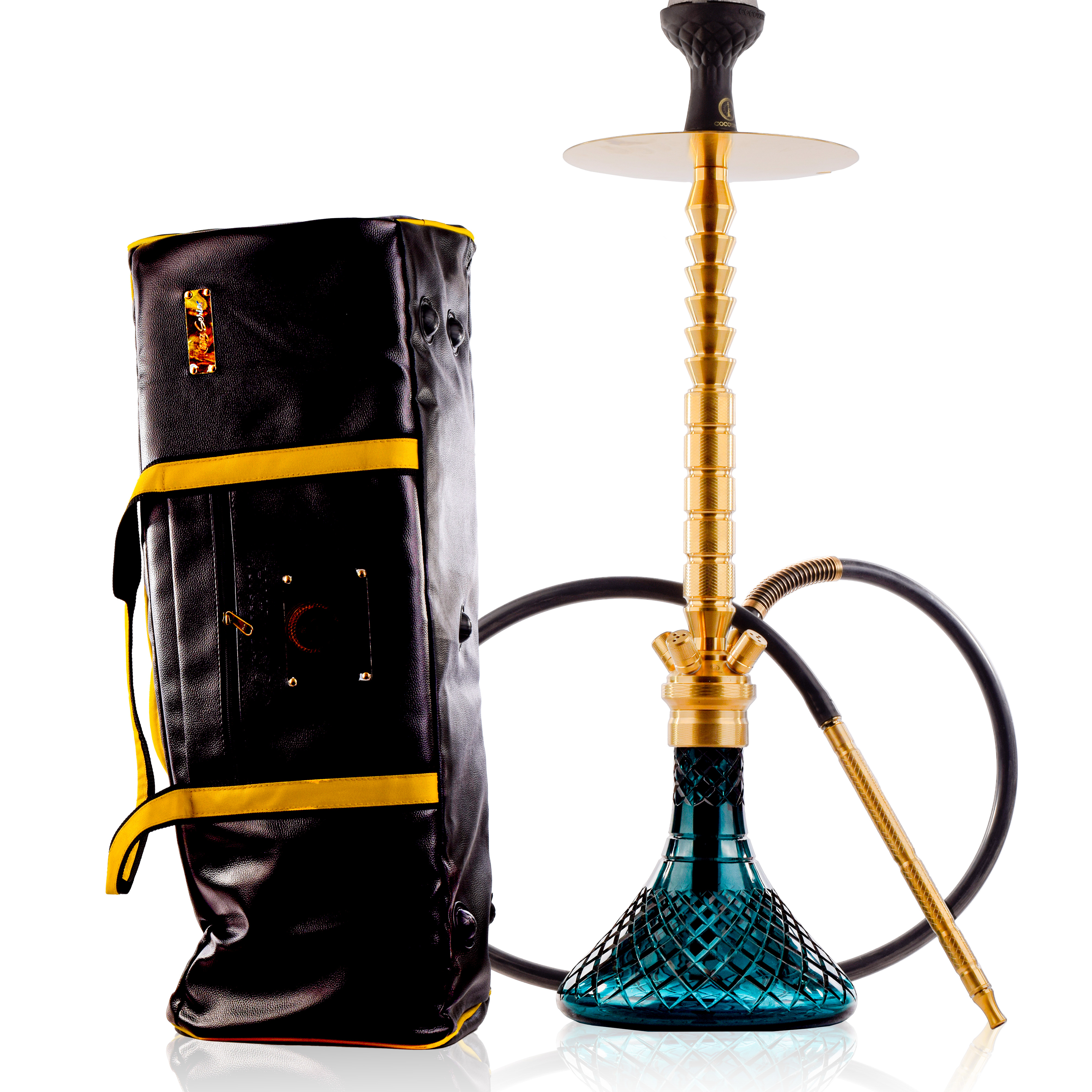COCOYAYA King Series Heygan Hookah with Black Bag - Gold Stem & Aqua Base
