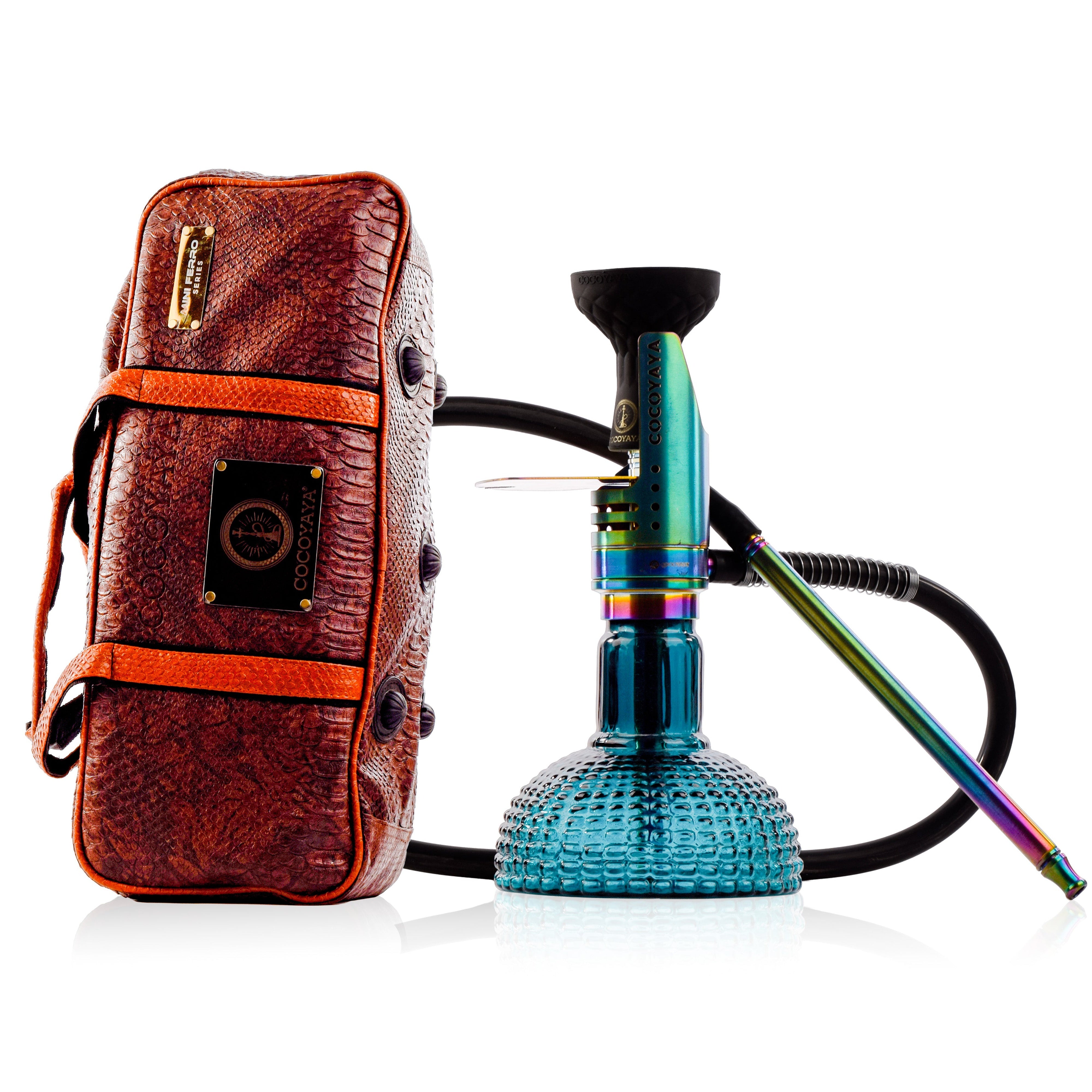 COCOYAYA Mini Ferro Hookah with Camel Bag - Rainbow Stem & Ocean Aura Base