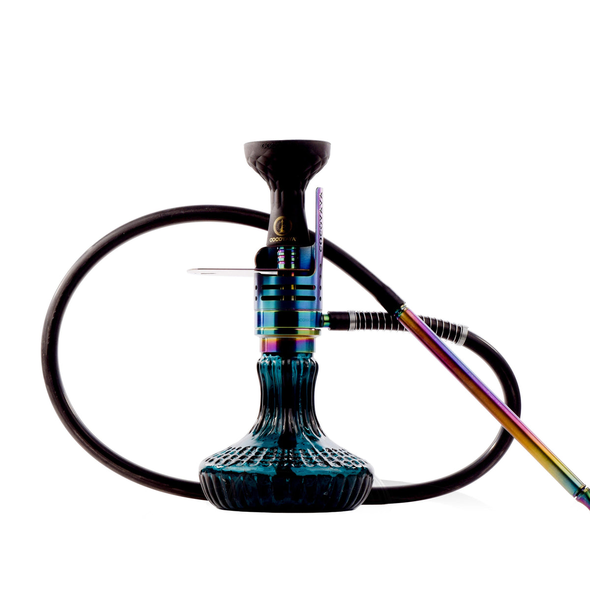 COCOYAYA Mini Ferro Hookah with Black Bag - Rainbow Stem & Royal Teal Base