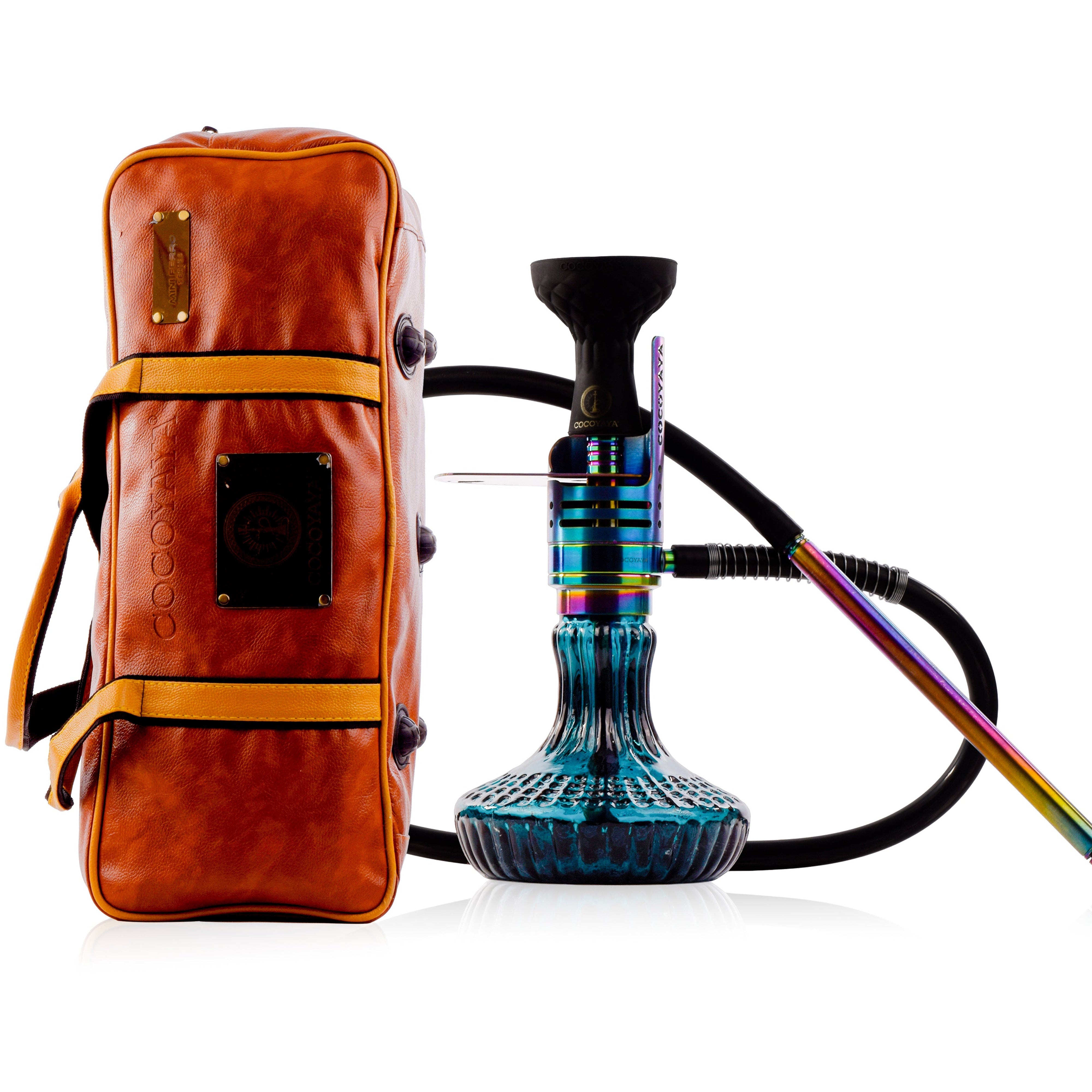 COCOYAYA Mini Ferro Hookah with Rustic Brown Bag - Rainbow Stem & Royal Teal Base