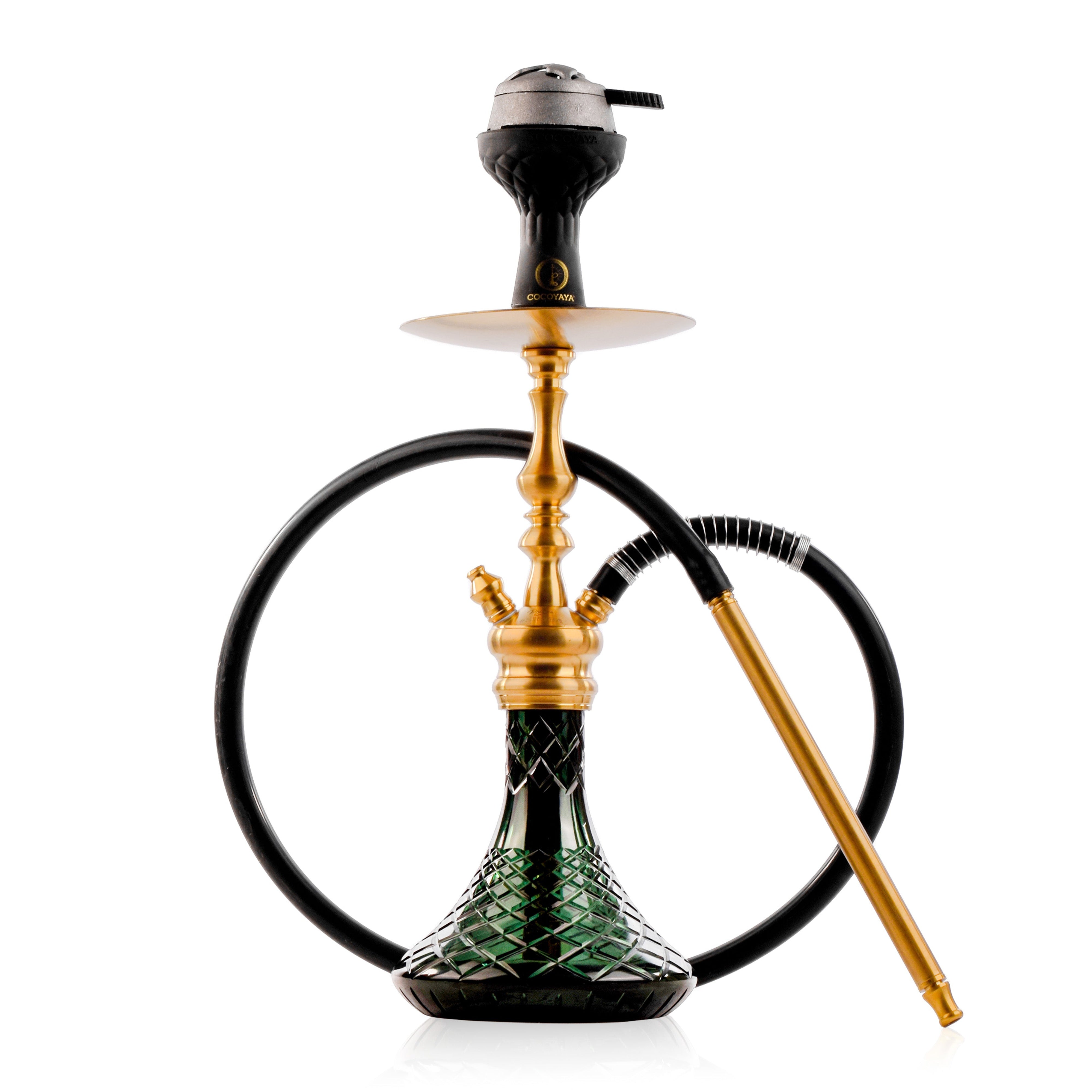 COCOYAYA Simba Hookah with Dark Grey Bag - Gold Stem & Emerald Green Base