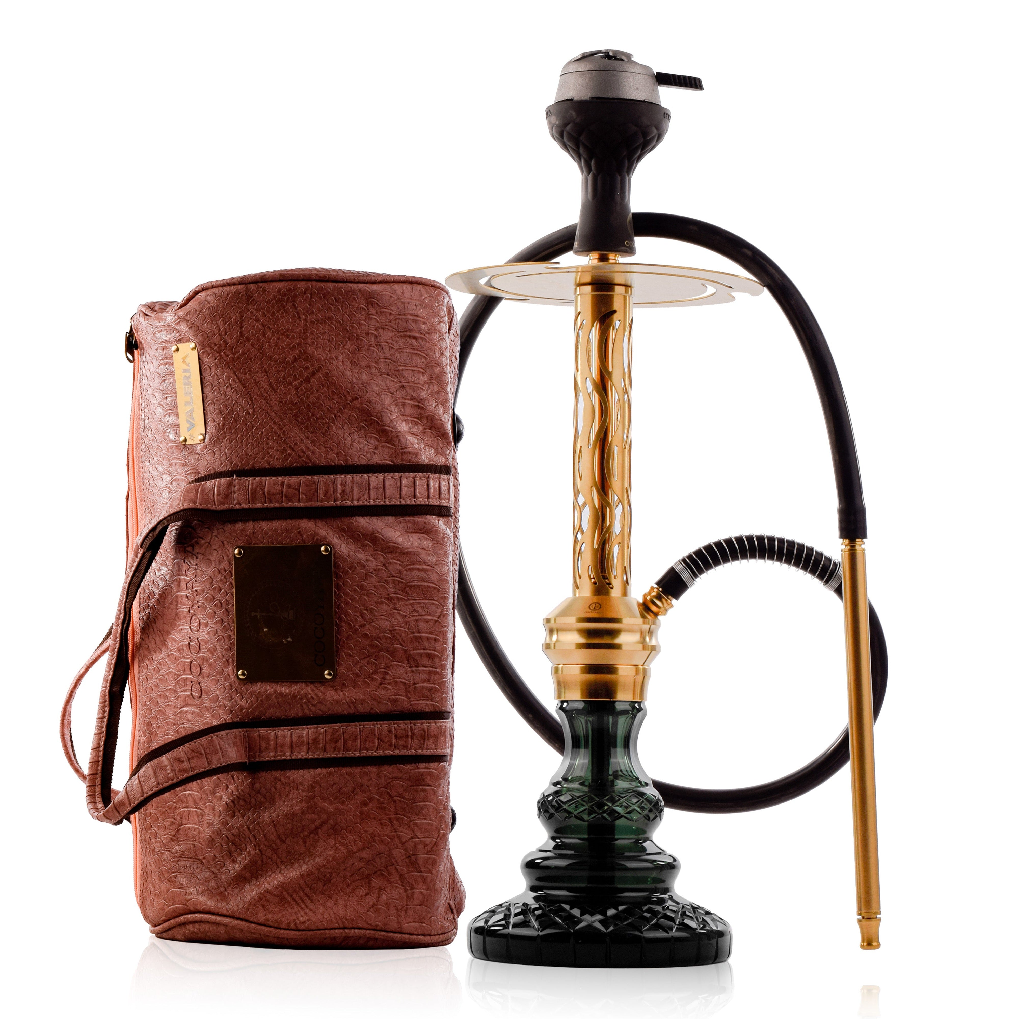 COCOYAYA Valeria Wave Hookah with Pink Bag - Gold Stem & Emerald Green Base
