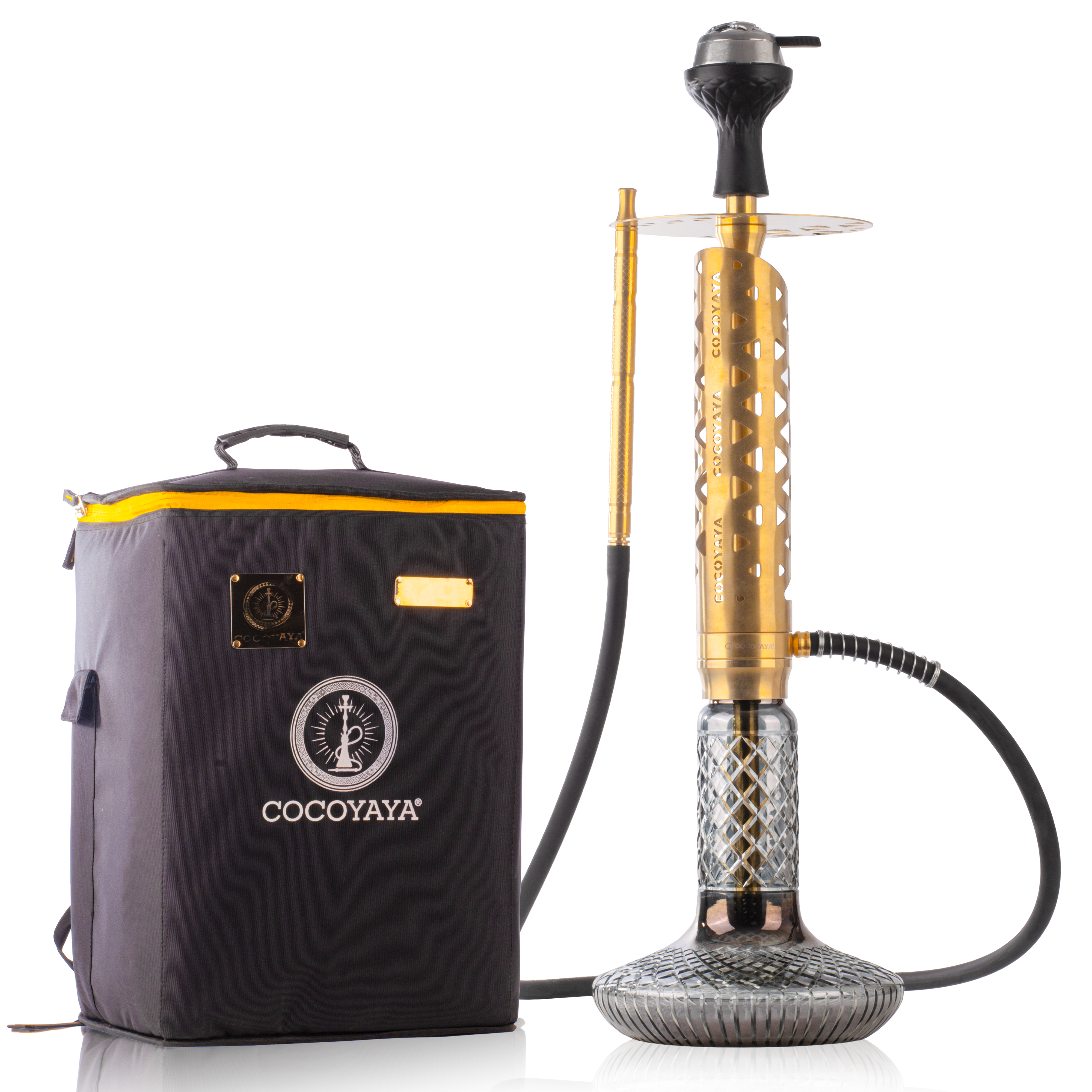 COCOYAYA Crucio Hookah (Ferro Series) with Bag - Gold Stem & CGB Grey Base