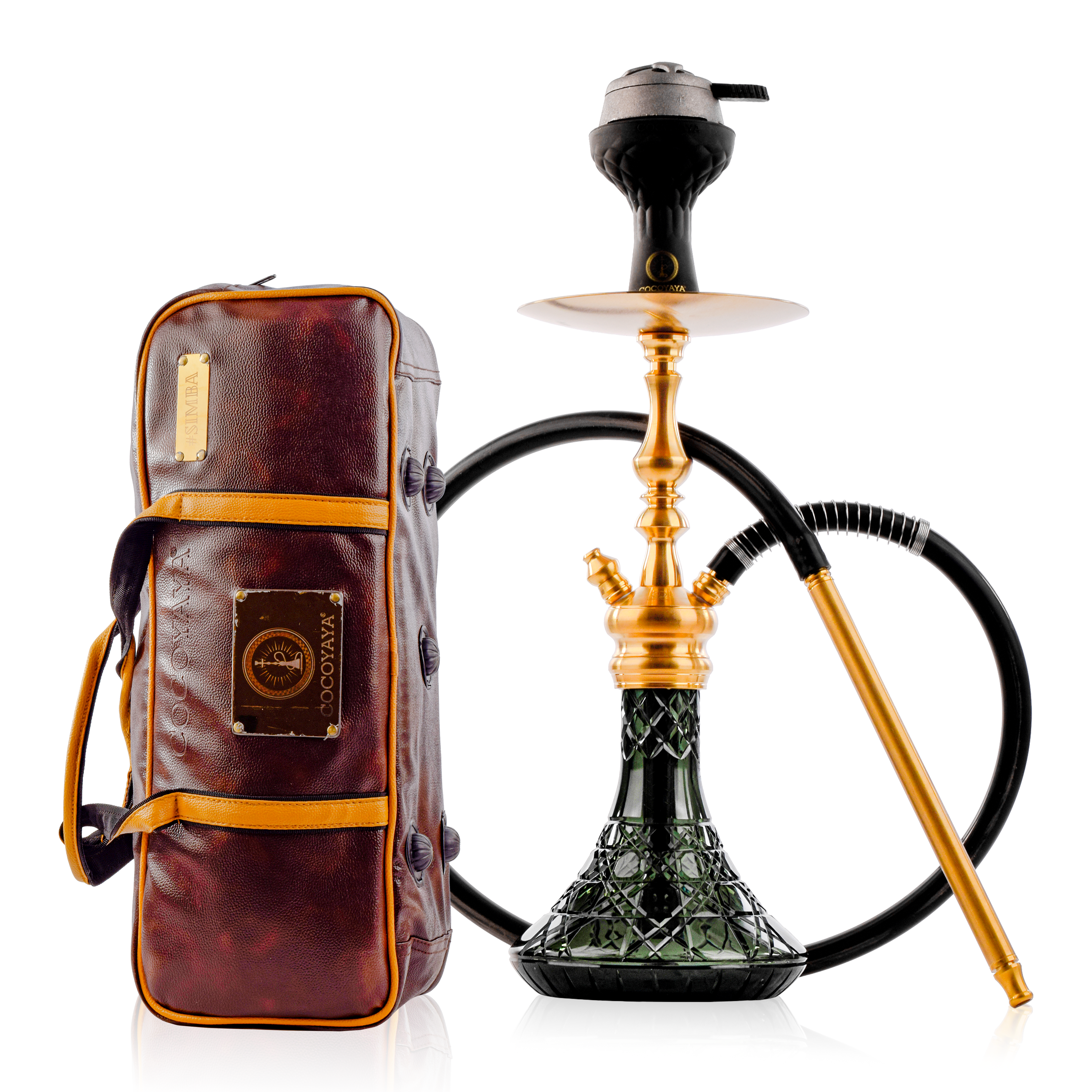 COCOYAYA Simba Hookah with Brown Bag - Gold Stem & Emerald Green Base