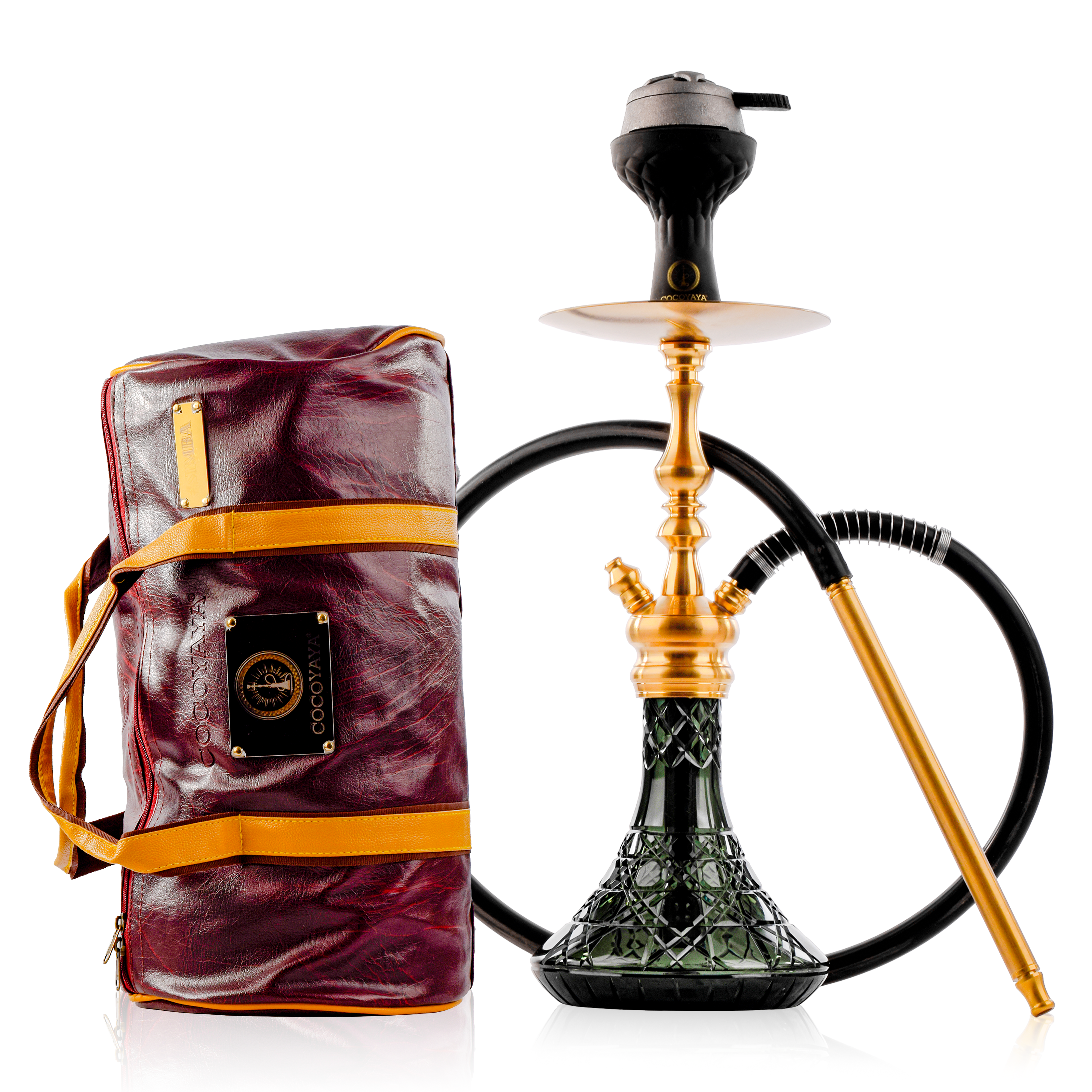 COCOYAYA Simba Hookah with Round Brown Bag - Gold Stem & Emerald Green Base