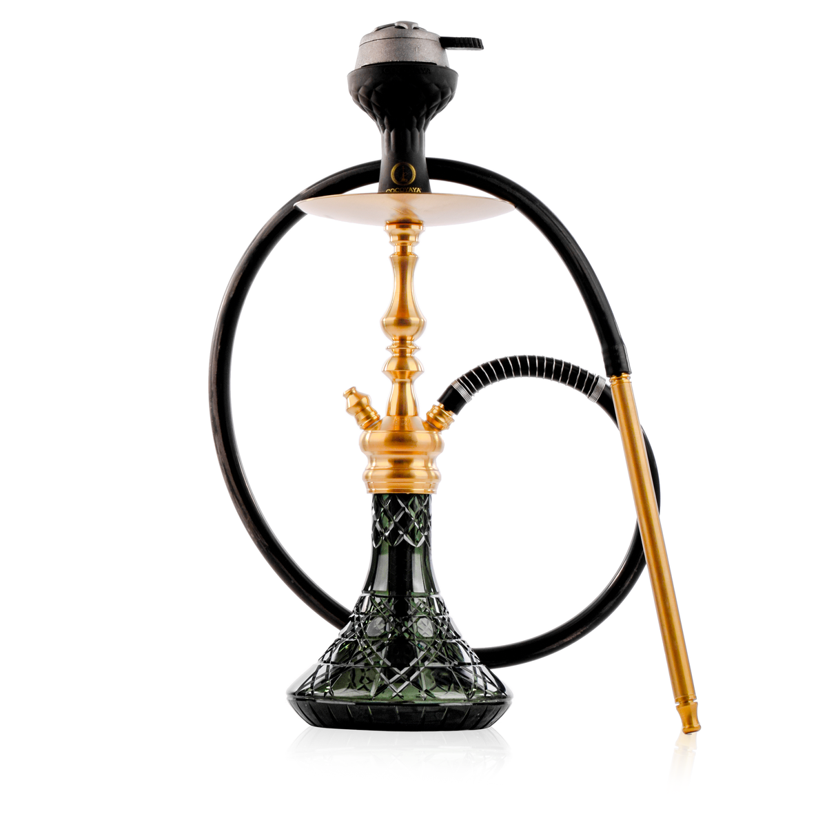 COCOYAYA Simba Hookah with Round Brown Bag - Gold Stem & Emerald Green Base