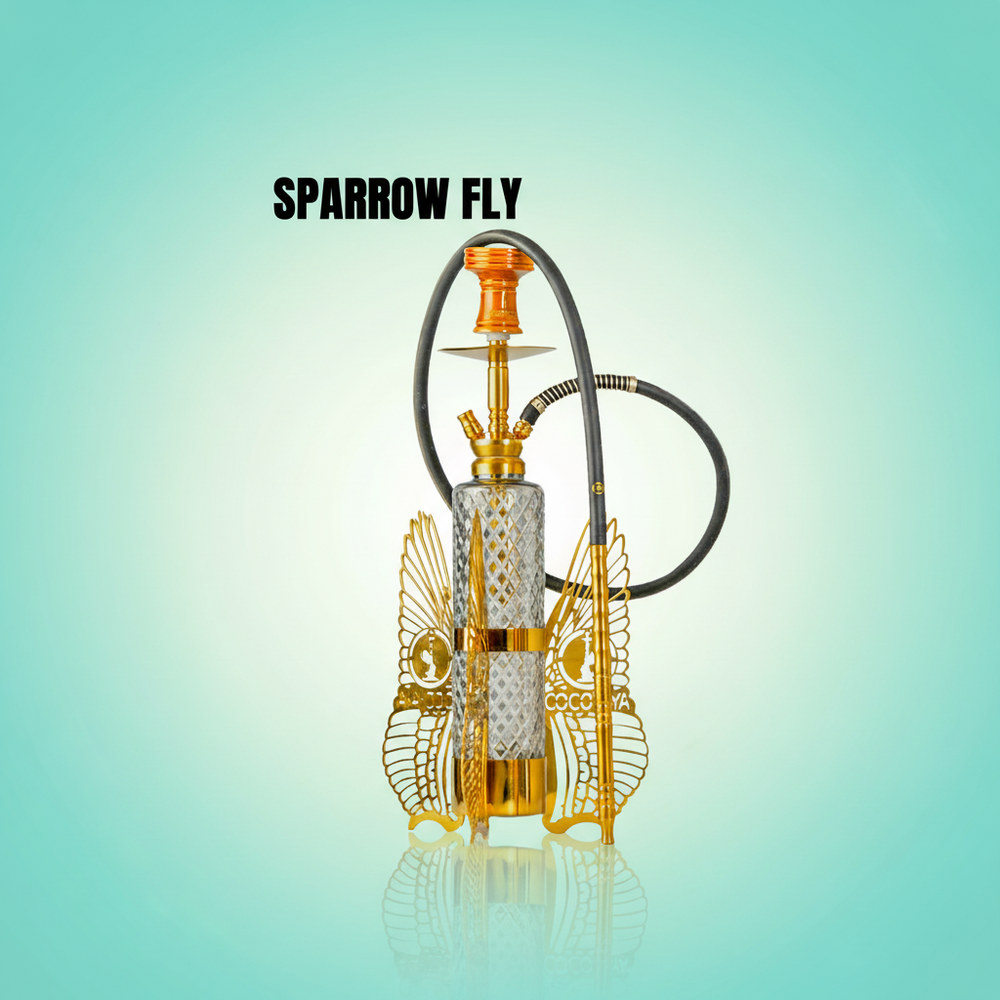 Shiny hookah with gold accents on a gradient background, featuring the brand 'Sparrow Fly'.