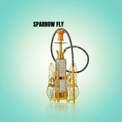 Shiny hookah with gold accents on a gradient background, featuring the brand 'Sparrow Fly'.